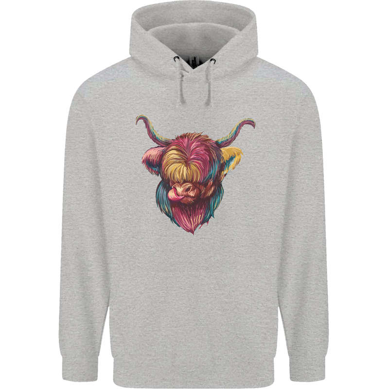 Colourful Highland Cow Childrens Kids Hoodie Sports Grey