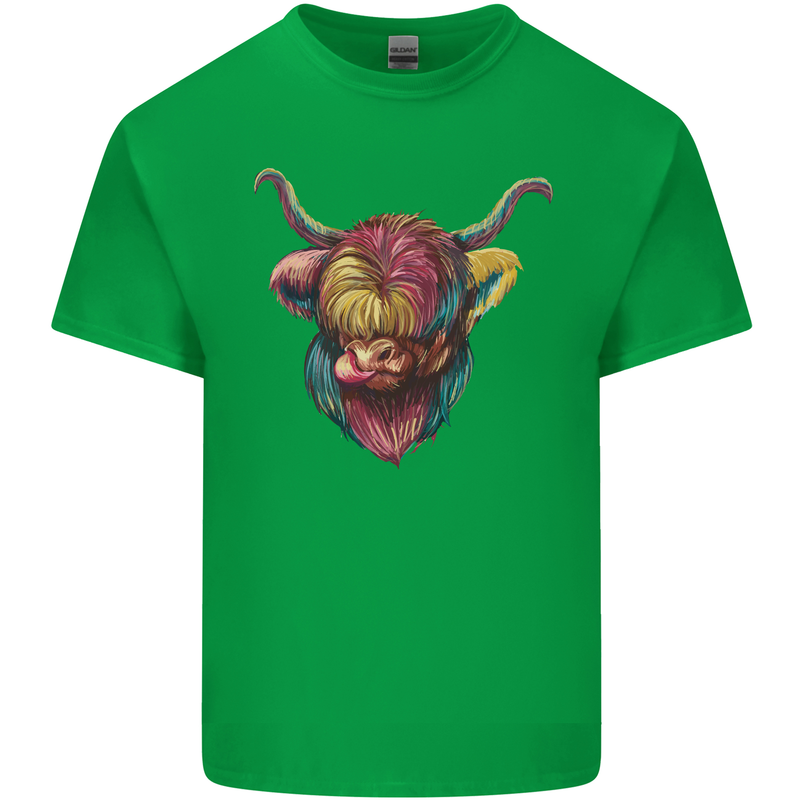 Colourful Highland Cow Mens Cotton T-Shirt Tee Top Irish Green