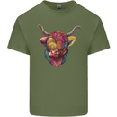 Colourful Highland Cow Mens Cotton T-Shirt Tee Top Military Green