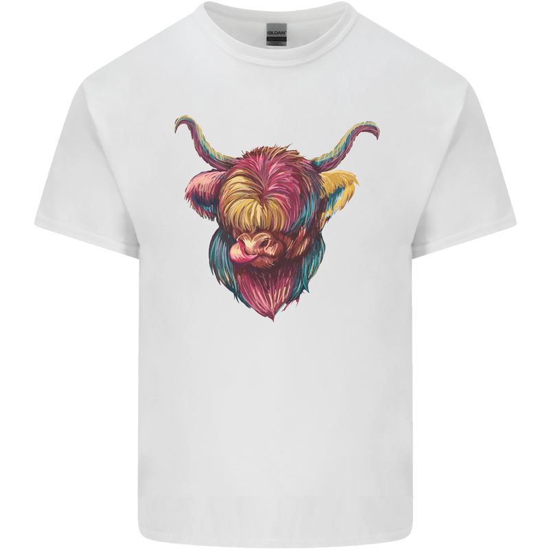 Colourful Highland Cow Mens Cotton T-Shirt Tee Top White