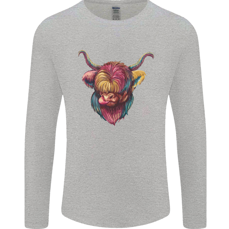 Colourful Highland Cow Mens Long Sleeve T-Shirt Sports Grey