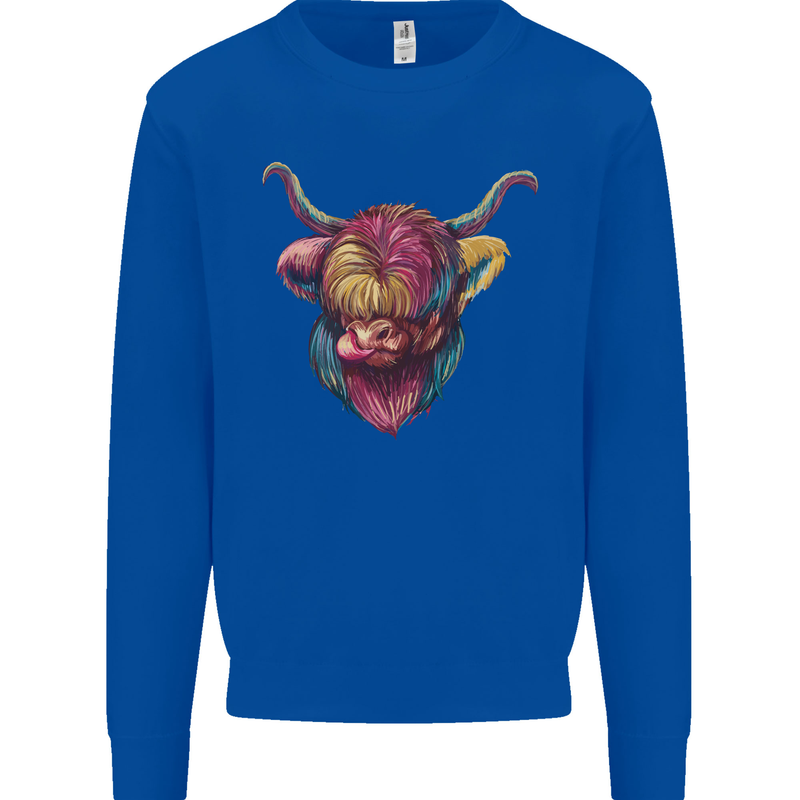 Colourful Highland Cow Mens Sweatshirt Jumper Royal Blue