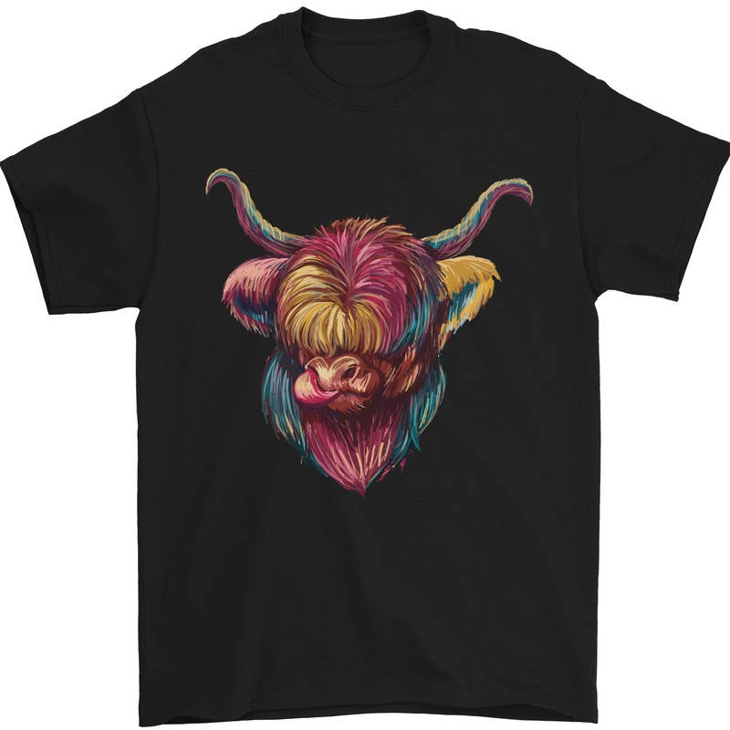 Colourful Highland Cow Mens T-Shirt 100% Cotton Black