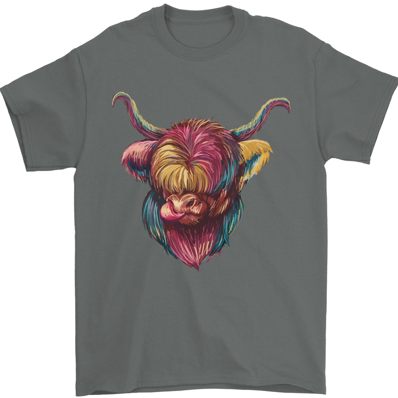 Colourful Highland Cow Mens T-Shirt 100% Cotton Charcoal