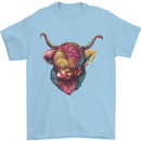 Colourful Highland Cow Mens T-Shirt 100% Cotton Light Blue