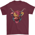 Colourful Highland Cow Mens T-Shirt 100% Cotton Maroon