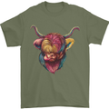 Colourful Highland Cow Mens T-Shirt 100% Cotton Military Green