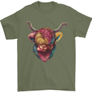 Colourful Highland Cow Mens T-Shirt 100% Cotton Military Green