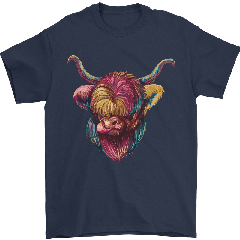 Colourful Highland Cow Mens T-Shirt 100% Cotton Navy Blue