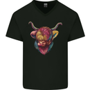 Colourful Highland Cow Mens V-Neck Cotton T-Shirt Black