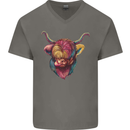 Colourful Highland Cow Mens V-Neck Cotton T-Shirt Charcoal