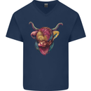 Colourful Highland Cow Mens V-Neck Cotton T-Shirt Navy Blue