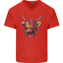 Colourful Highland Cow Mens V-Neck Cotton T-Shirt Red