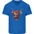 Colourful Highland Cow Mens V-Neck Cotton T-Shirt Royal Blue