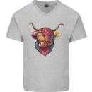 Colourful Highland Cow Mens V-Neck Cotton T-Shirt Sports Grey