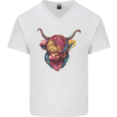 Colourful Highland Cow Mens V-Neck Cotton T-Shirt White