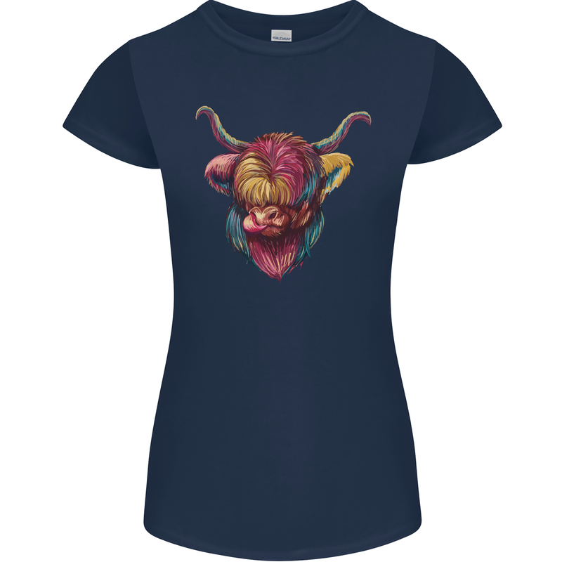 Colourful Highland Cow Womens Petite Cut T-Shirt Navy Blue