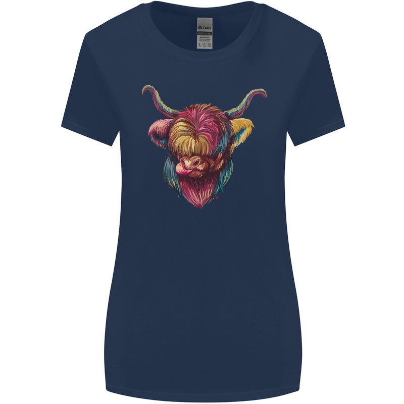 Colourful Highland Cow Womens Wider Cut T-Shirt Navy Blue