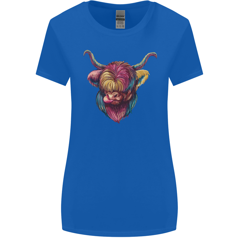 Colourful Highland Cow Womens Wider Cut T-Shirt Royal Blue