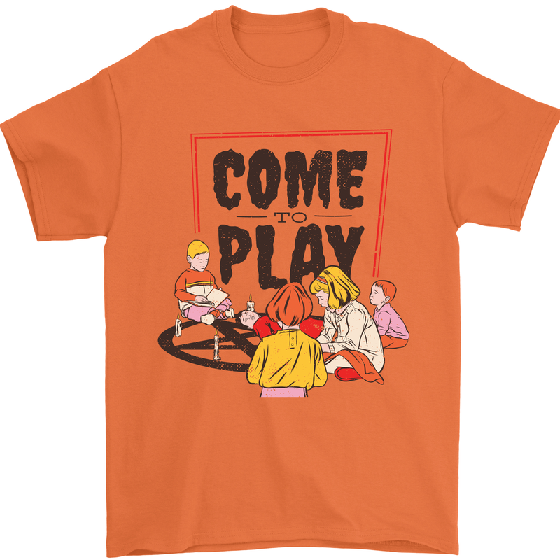 Come to Play Lets Summon Demons Ouija Board Mens T-Shirt Cotton Gildan Orange