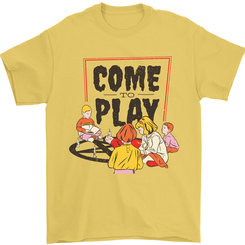 Come to Play Lets Summon Demons Ouija Board Mens T-Shirt Cotton Gildan Yellow