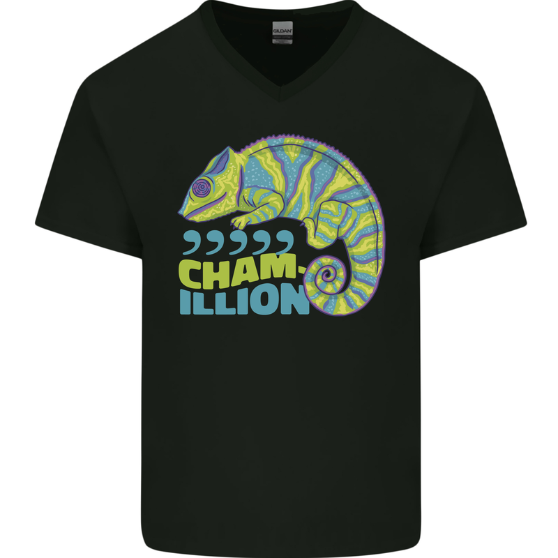 Comma Chameleon Funny Lizard Mens V-Neck Cotton T-Shirt Black