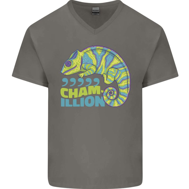 Comma Chameleon Funny Lizard Mens V-Neck Cotton T-Shirt Charcoal
