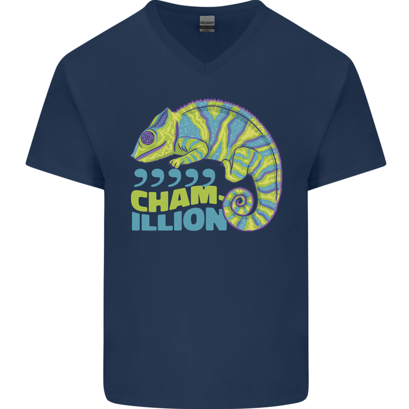 Comma Chameleon Funny Lizard Mens V-Neck Cotton T-Shirt Navy Blue