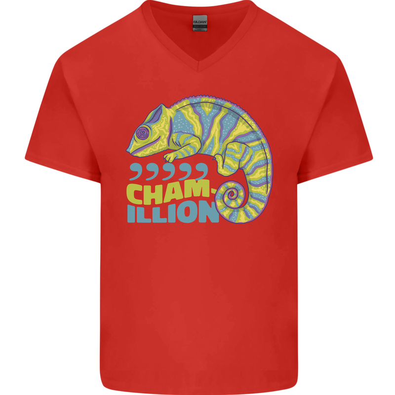 Comma Chameleon Funny Lizard Mens V-Neck Cotton T-Shirt Red