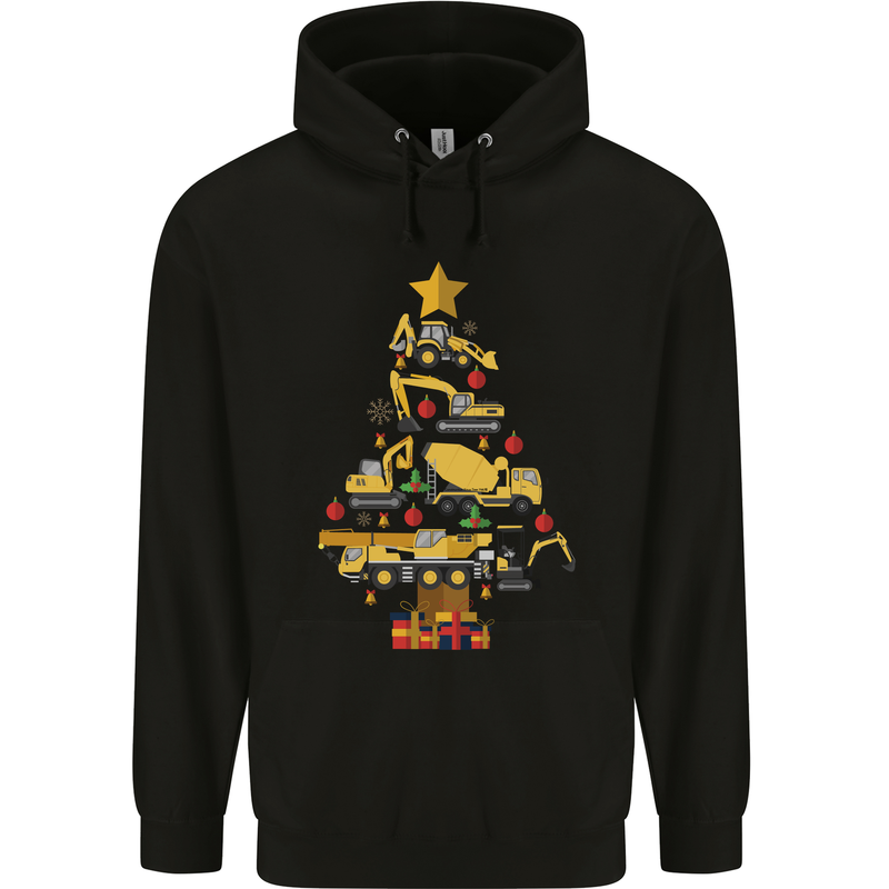 Construction Christmas Tree Digger Lorry Crane Childrens Kids Hoodie Black