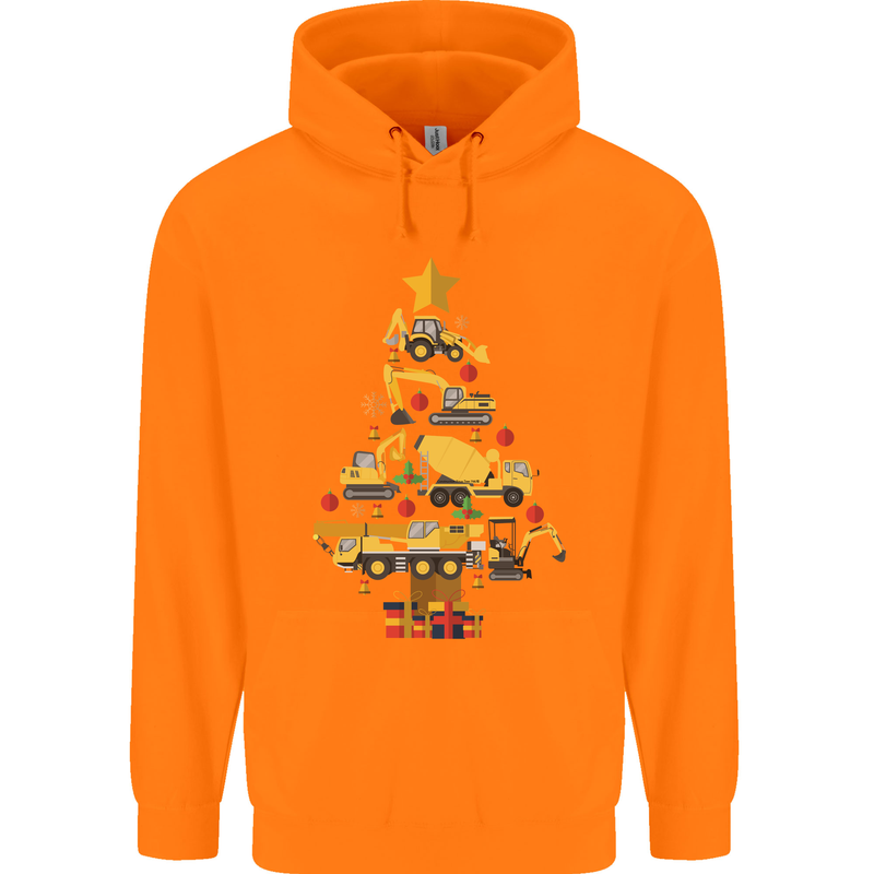 Construction Christmas Tree Digger Lorry Crane Childrens Kids Hoodie Orange