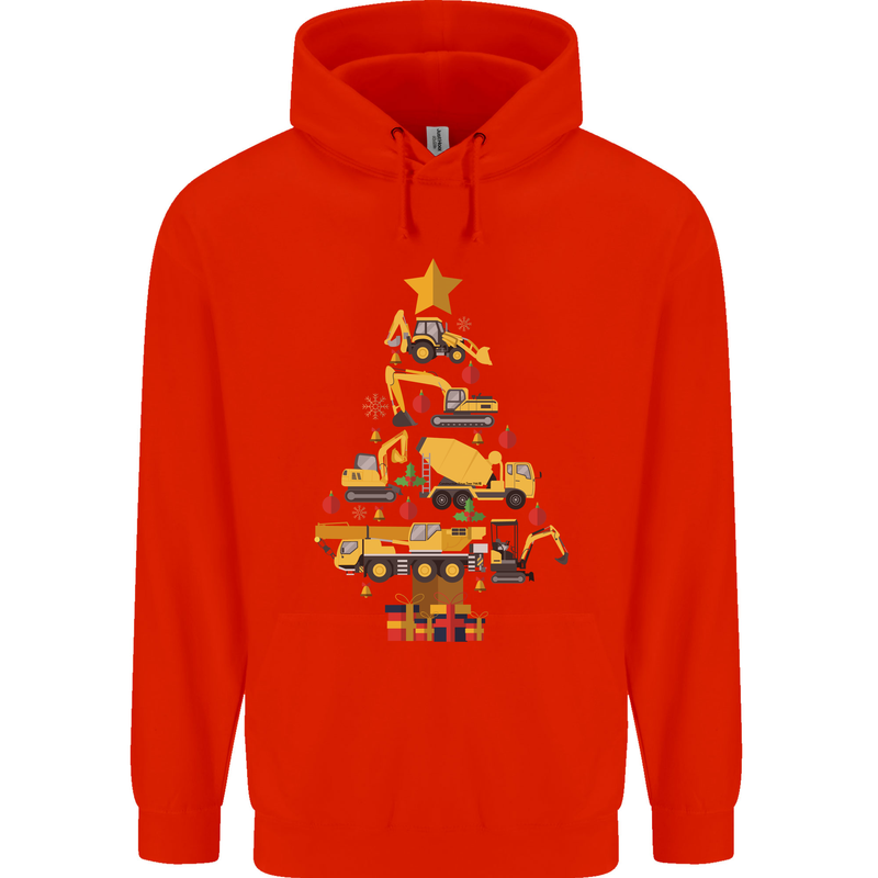 Construction Christmas Tree Digger Lorry Crane Mens 80% Cotton Hoodie Bright Red