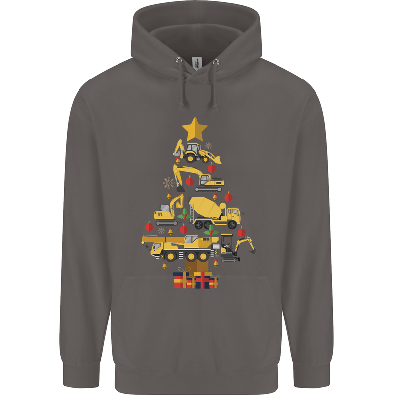 Construction Christmas Tree Digger Lorry Crane Mens 80% Cotton Hoodie Charcoal