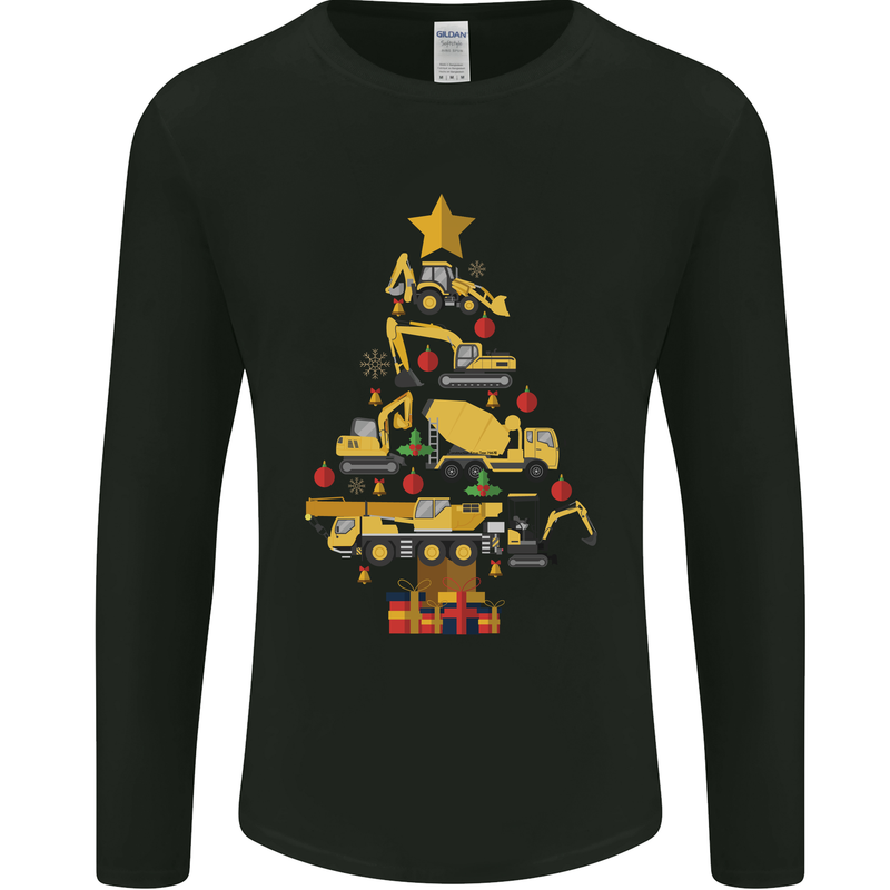 Construction Christmas Tree Digger Lorry Crane Mens Long Sleeve T-Shirt Black