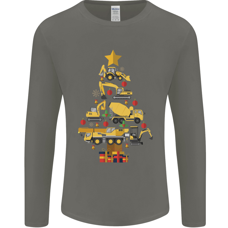 Construction Christmas Tree Digger Lorry Crane Mens Long Sleeve T-Shirt Charcoal