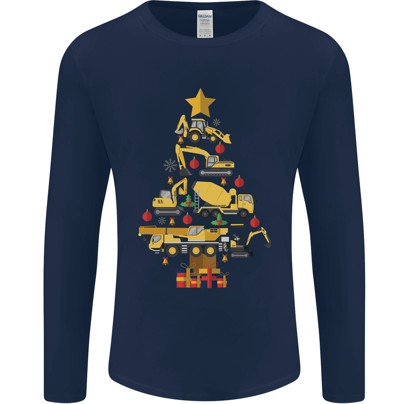 Construction Christmas Tree Digger Lorry Crane Mens Long Sleeve T-Shirt Navy Blue