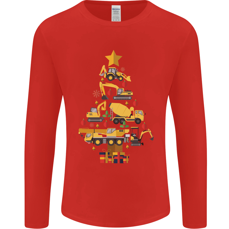 Construction Christmas Tree Digger Lorry Crane Mens Long Sleeve T-Shirt Red