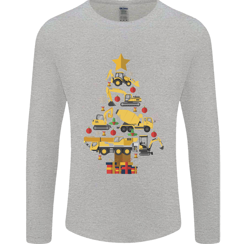 Construction Christmas Tree Digger Lorry Crane Mens Long Sleeve T-Shirt Sports Grey