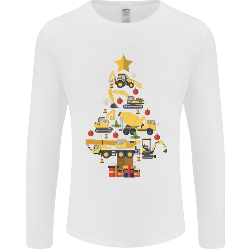 Construction Christmas Tree Digger Lorry Crane Mens Long Sleeve T-Shirt White