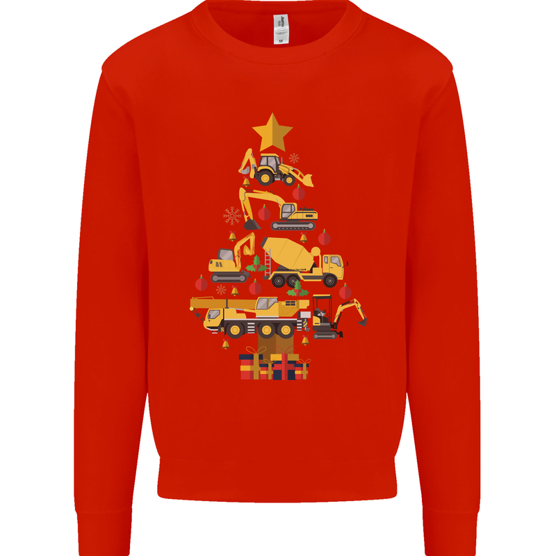 Construction Christmas Tree Digger Lorry Crane Mens Sweatshirt Jumper Bright Red