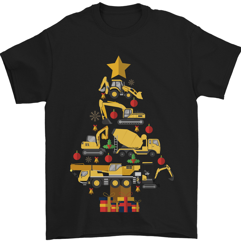 Construction Christmas Tree Digger Lorry Crane Mens T-Shirt 100% Cotton Black