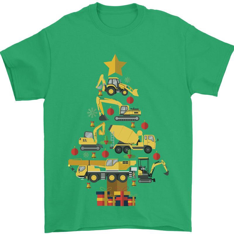 Construction Christmas Tree Digger Lorry Crane Mens T-Shirt 100% Cotton Irish Green