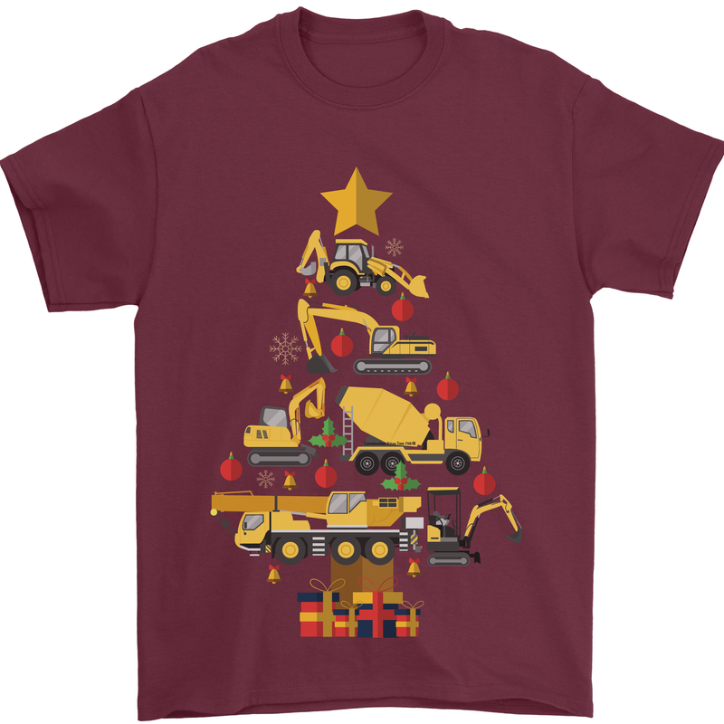 Construction Christmas Tree Digger Lorry Crane Mens T-Shirt 100% Cotton Maroon