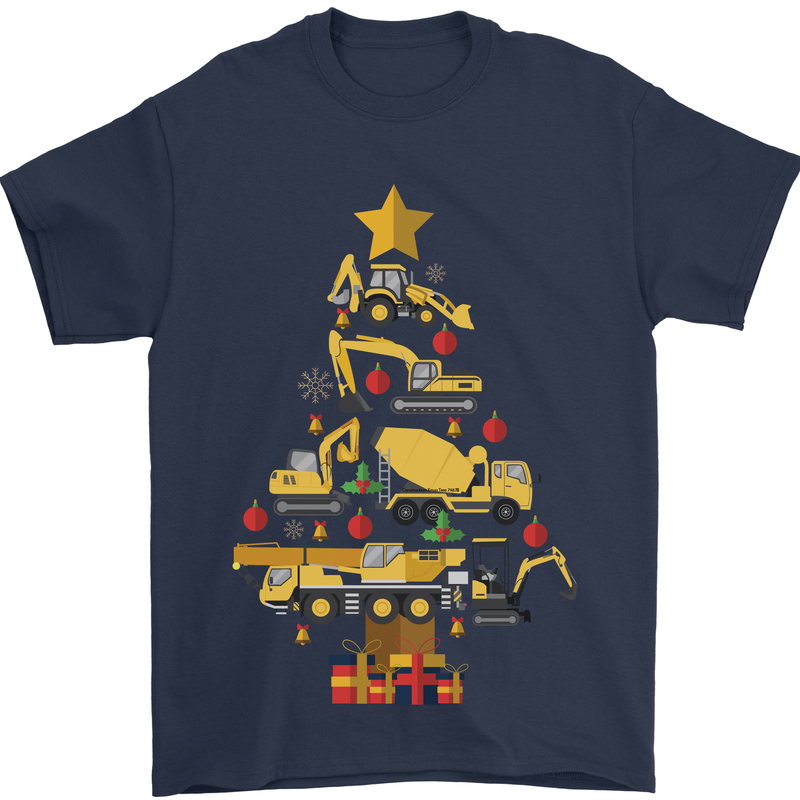 Construction Christmas Tree Digger Lorry Crane Mens T-Shirt 100% Cotton Navy Blue