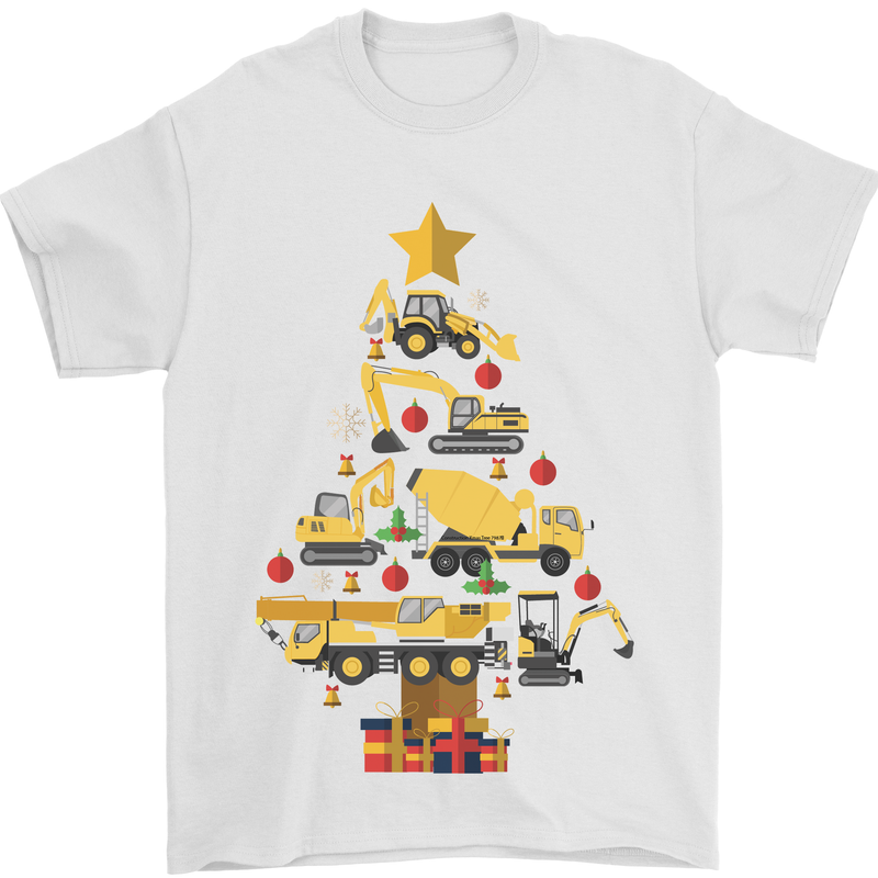 Construction Christmas Tree Digger Lorry Crane Mens T-Shirt 100% Cotton White