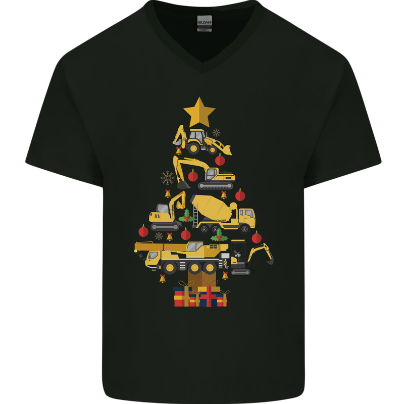 Construction Christmas Tree Digger Lorry Crane Mens V-Neck Cotton T-Shirt Black