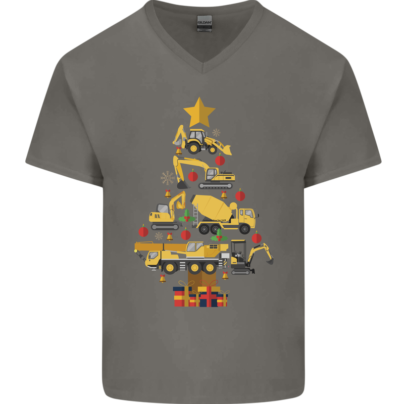 Construction Christmas Tree Digger Lorry Crane Mens V-Neck Cotton T-Shirt Charcoal