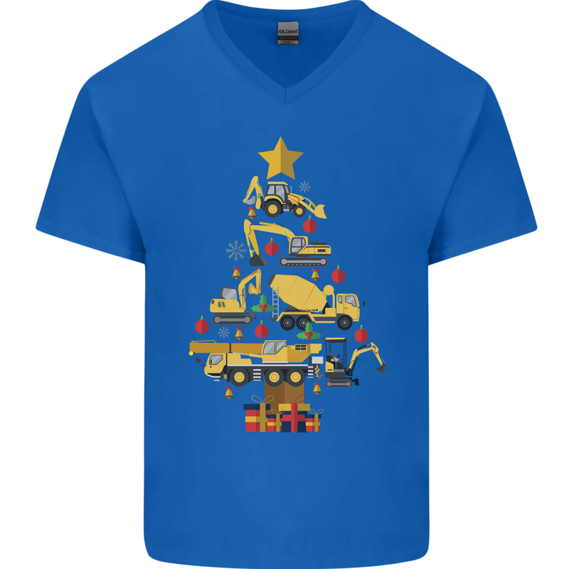 Construction Christmas Tree Digger Lorry Crane Mens V-Neck Cotton T-Shirt Royal Blue