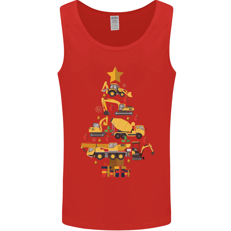 Construction Christmas Tree Digger Lorry Crane Mens Vest Tank Top Red