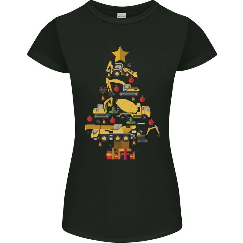 Construction Christmas Tree Digger Lorry Crane Womens Petite Cut T-Shirt Black